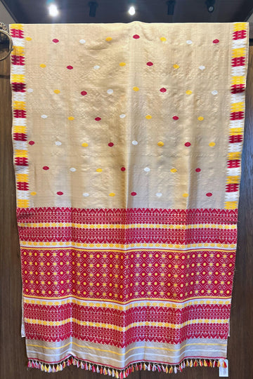 Beige Tussar Silk Assam Saree with Traditional Red Border and Pallu